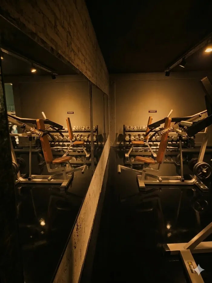 Sector de musculación de ALASKAN: mancuernas y bancos frente al espejo, con luz cálida