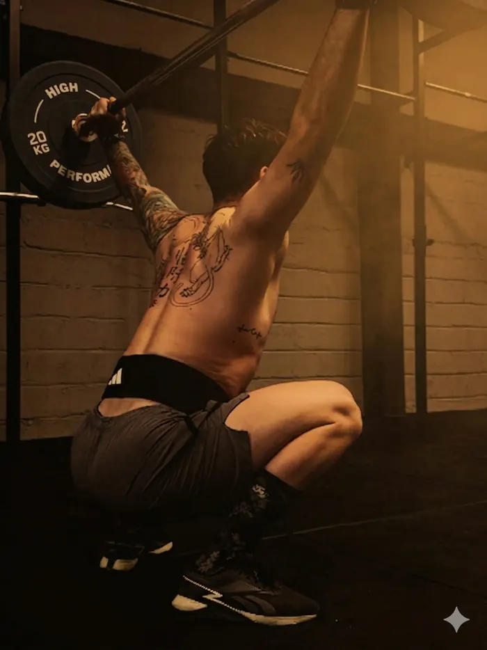 Atleta sosteniendo un snatch con la barra sobre la cabeza durante un WOD