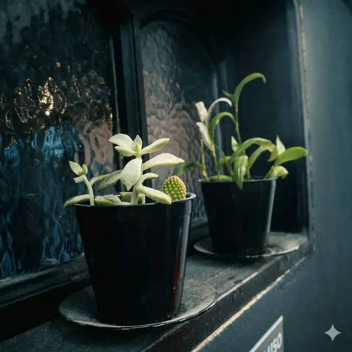 Detalle de plantas en el alféizar de una ventana del gimnasio