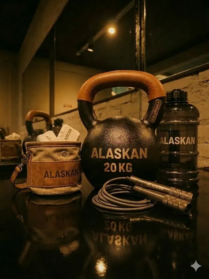 Kettlebell ALASKAN de 20 kg junto a la botella, la soga de saltar y accesorios de la marca
