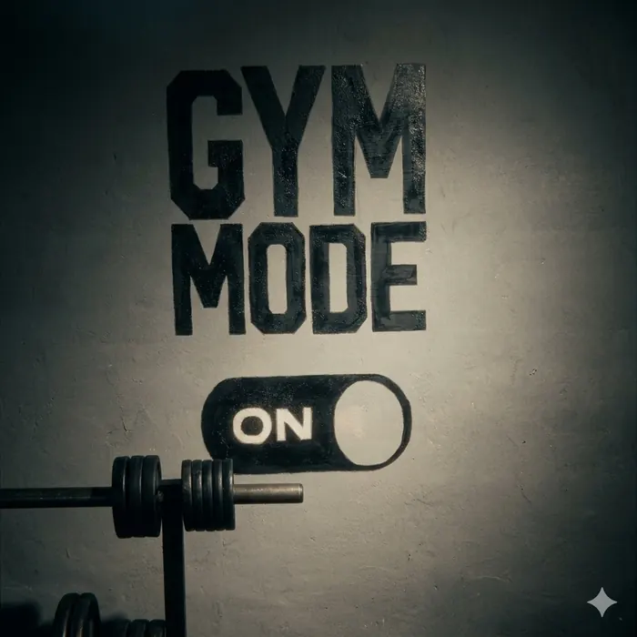 Cartel GYM MODE ON pintado en la pared, con una barra apoyada debajo